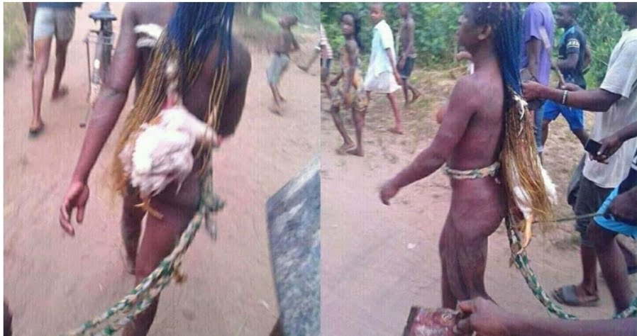 In shock| A young lady stripped naked and tied a stolen chicken on her hair
